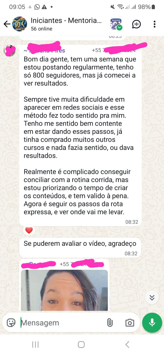 Depoimento de aluna no WhatsApp