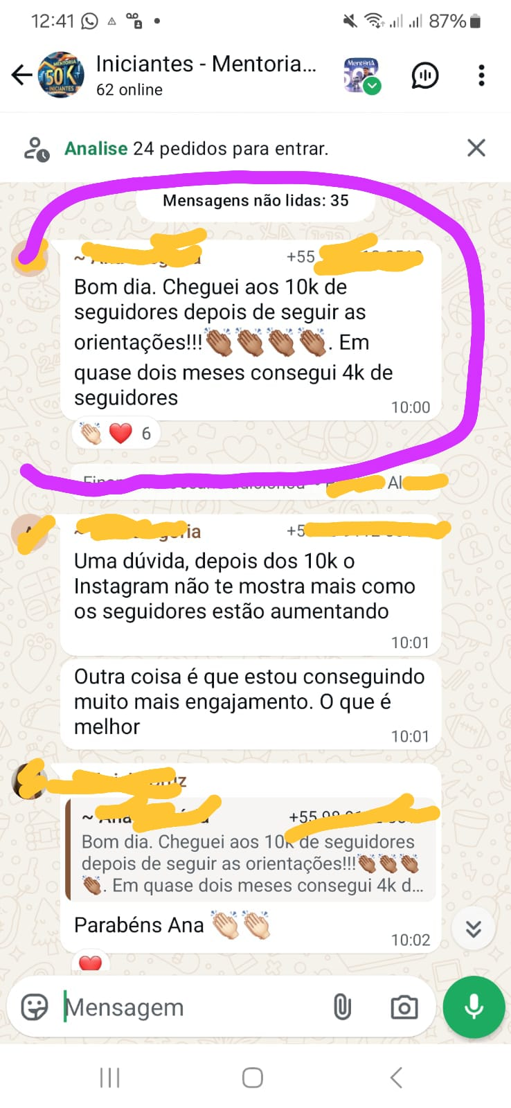 Depoimento de aluna no WhatsApp, 10k seguidores